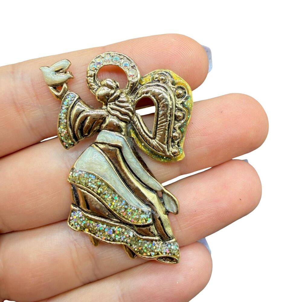 Vintage Jewelry Angel with Dove Brooch Angel Pin